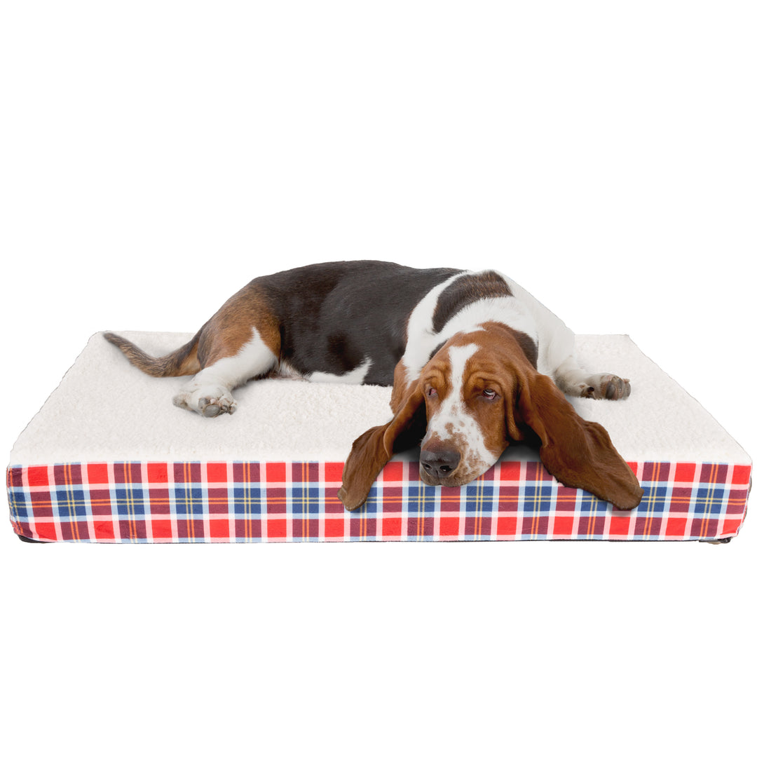 Petmaker Orthopedic Dog Bed Memory Foam Sherpa Cover 36.5x27 Plaid Machine Washable Image 1