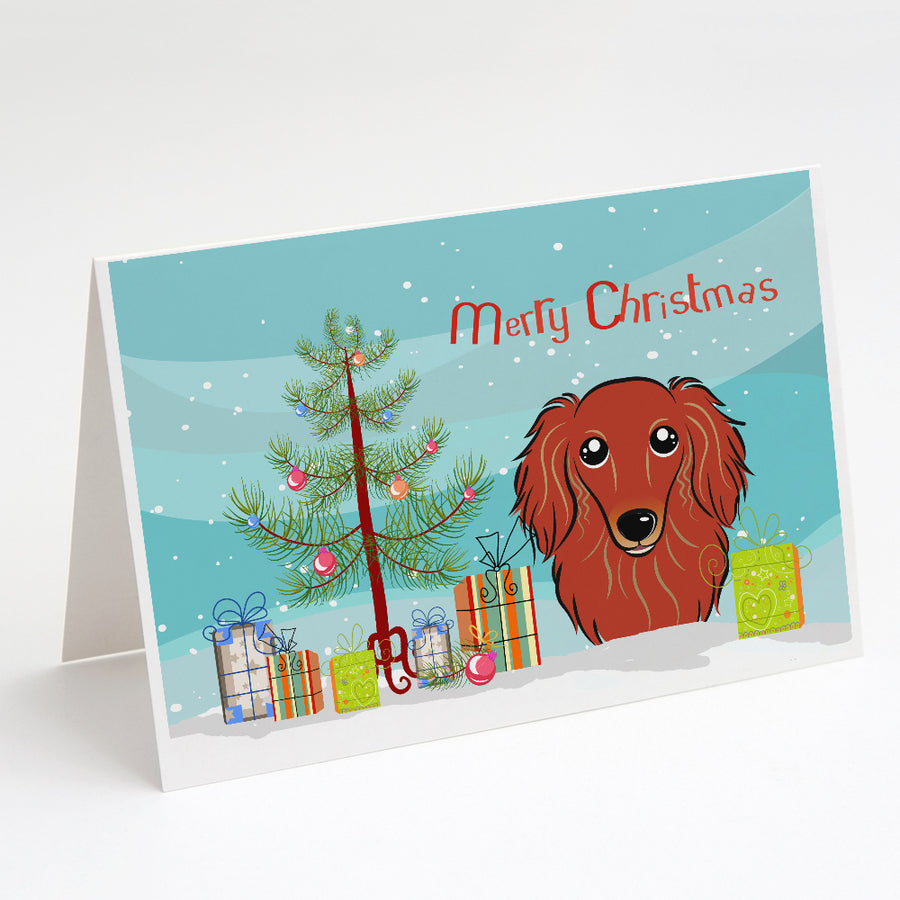 Christmas Tree and Longhair Red Dachshund Greeting Cards and Envelopes Pack of 8 Image 1