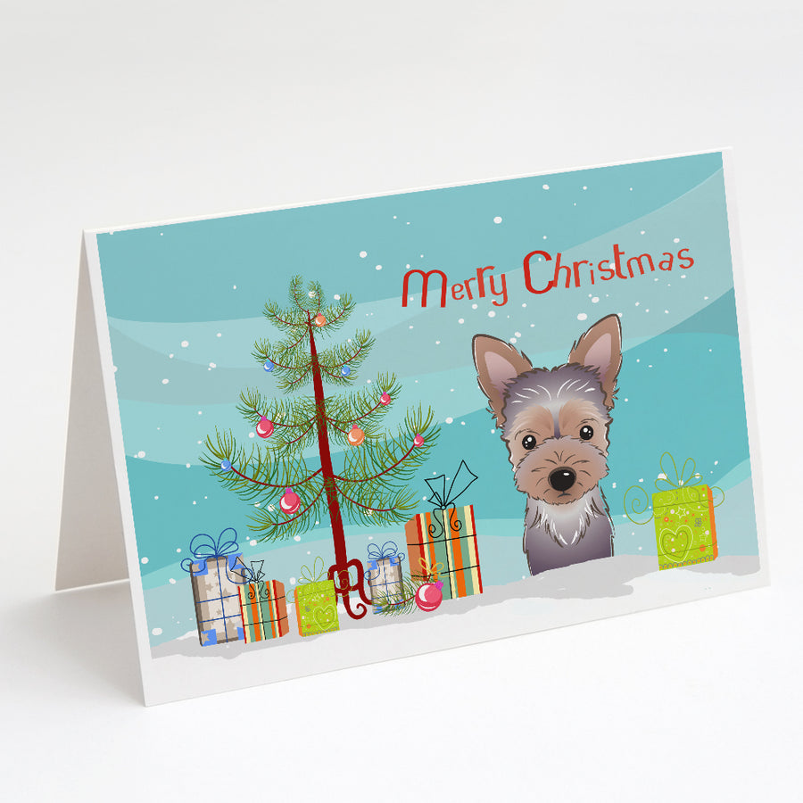 Christmas Tree and Yorkie Puppy Greeting Cards and Envelopes Pack of 8 Image 1