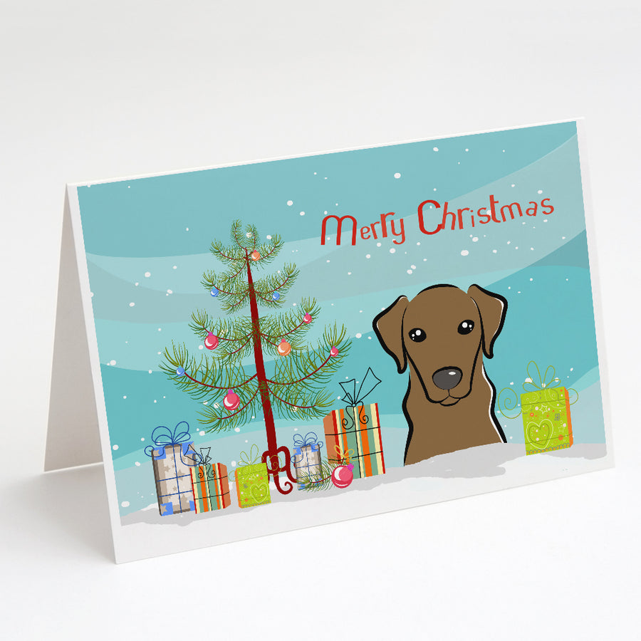 Christmas Tree and Chocolate Labrador Greeting Cards and Envelopes Pack of 8 Image 1