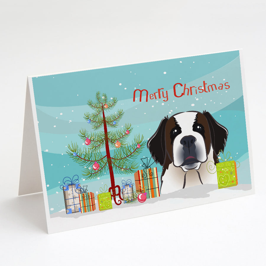 Christmas Tree and Saint Bernard Greeting Cards and Envelopes Pack of 8 Image 1