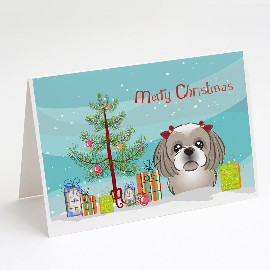 Christmas Tree and Gray Silver Shih Tzu Greeting Cards and Envelopes Pack of 8 Image 1