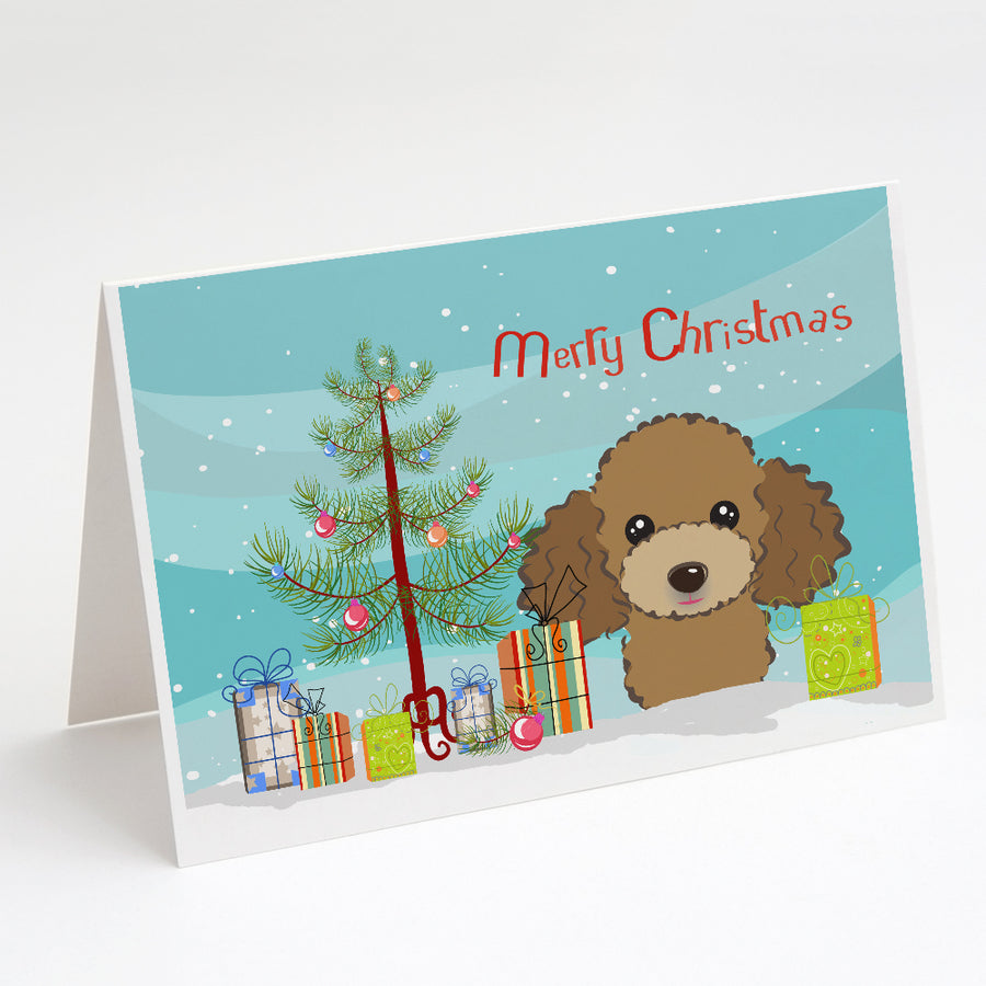 Christmas Tree and Chocolate Brown Poodle Greeting Cards and Envelopes Pack of 8 Image 1