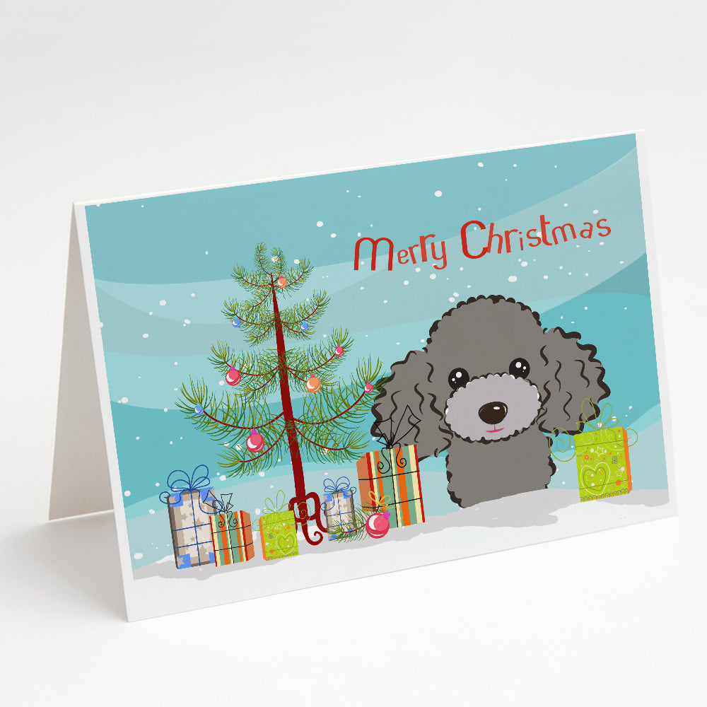 Christmas Tree and Silver Gray Poodle Greeting Cards and Envelopes Pack of 8 Image 1