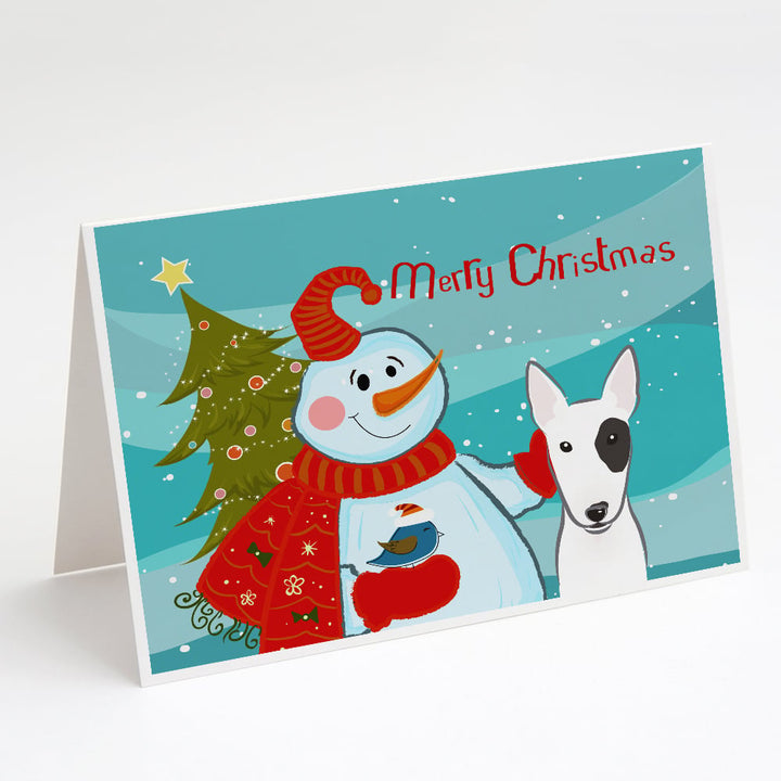 Snowman with Bull Terrier Greeting Cards and Envelopes Pack of 8 Image 1