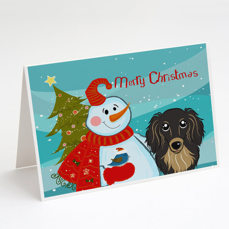 Snowman with Longhair Black and Tan Dachshund Greeting Cards and Envelopes Pack of 8 Image 1