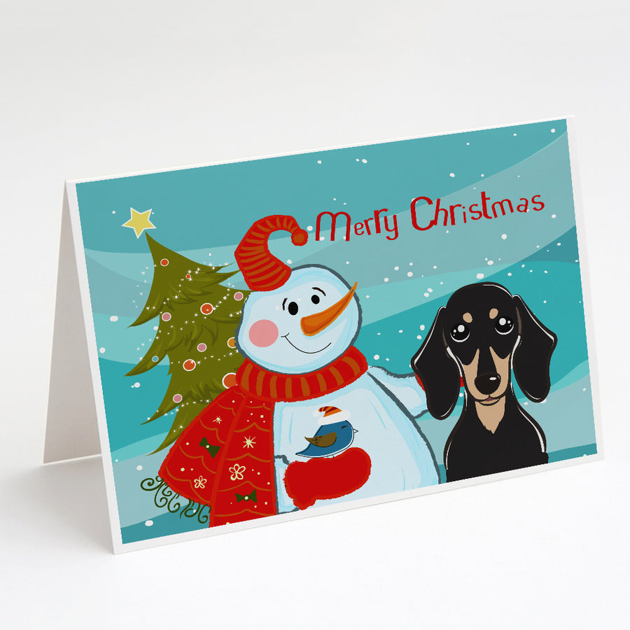 Snowman with Smooth Black and Tan Dachshund Greeting Cards and Envelopes Pack of 8 Image 1