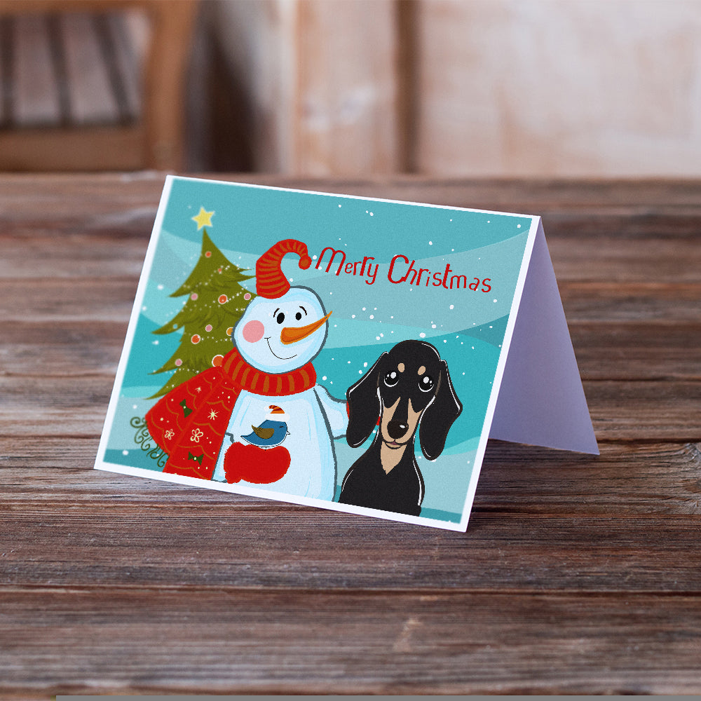 Snowman with Smooth Black and Tan Dachshund Greeting Cards and Envelopes Pack of 8 Image 2