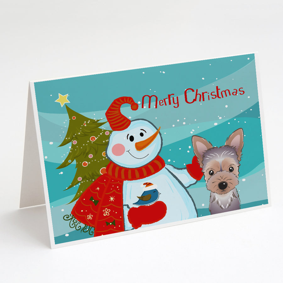Snowman with Yorkie Puppy Greeting Cards and Envelopes Pack of 8 Image 1