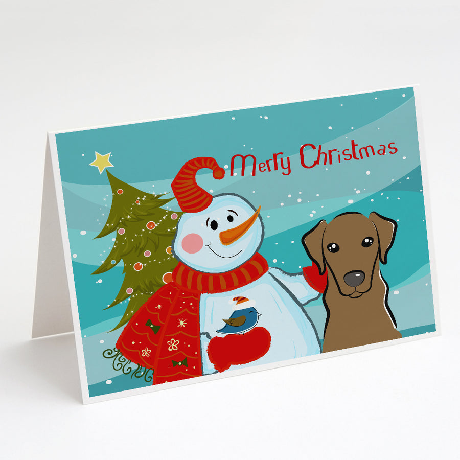 Snowman with Chocolate Labrador Greeting Cards and Envelopes Pack of 8 Image 1