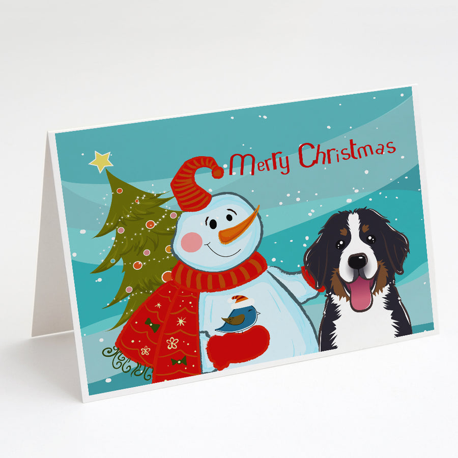 Snowman with Bernese Mountain Dog Greeting Cards and Envelopes Pack of 8 Image 1