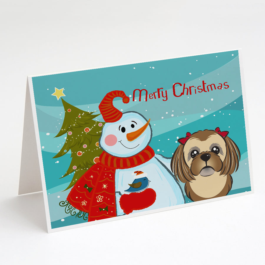 Snowman with Chocolate Brown Shih Tzu Greeting Cards and Envelopes Pack of 8 Image 1