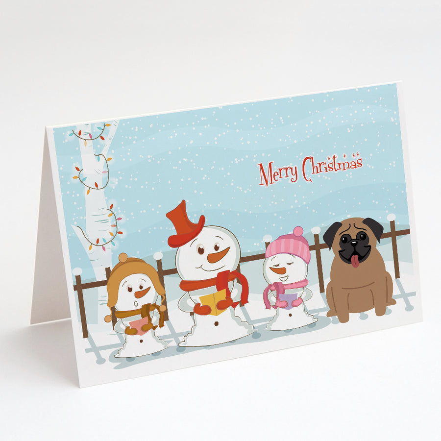 Merry Christmas Carolers Pug Brown Greeting Cards and Envelopes Pack of 8 Image 1