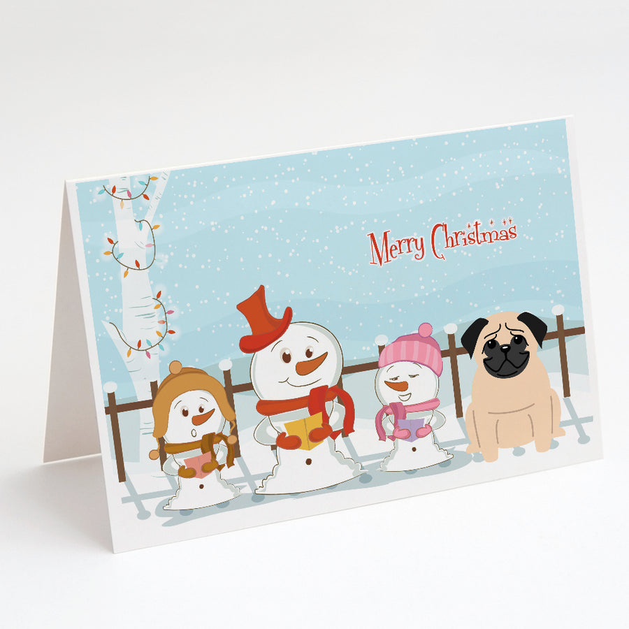 Merry Christmas Carolers Pug Fawn Greeting Cards and Envelopes Pack of 8 Image 1