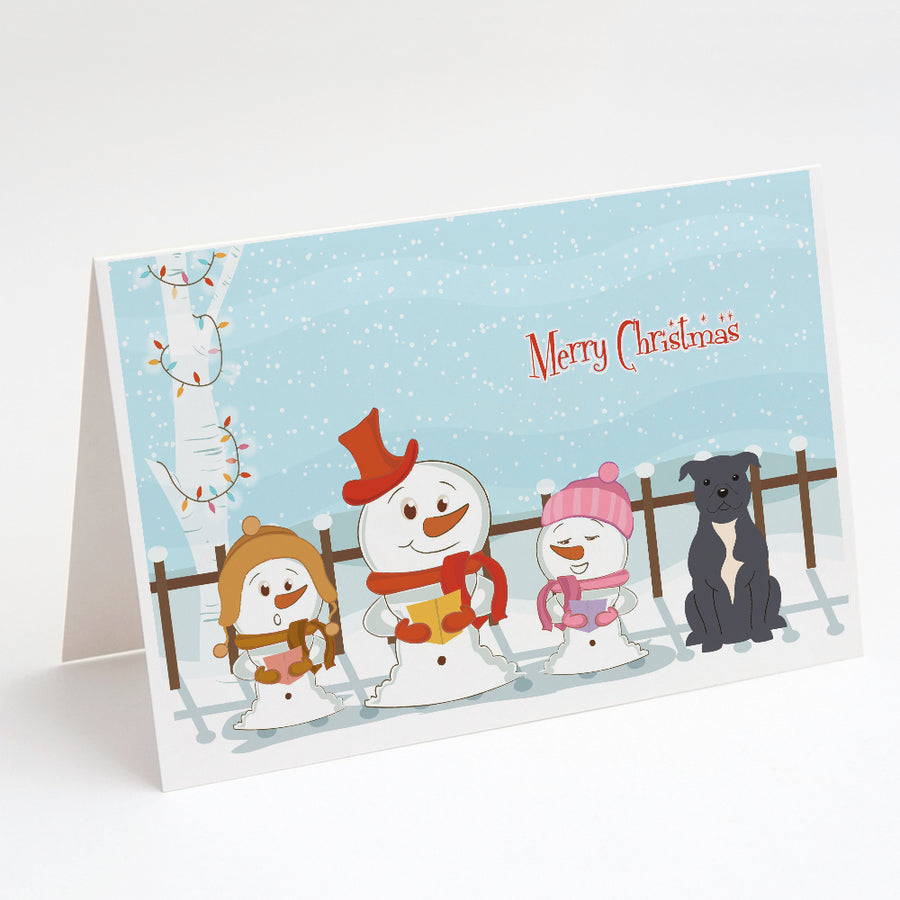 Merry Christmas Carolers Staffordshire Bull Terrier Blue Greeting Cards and Envelopes Pack of 8 Image 1