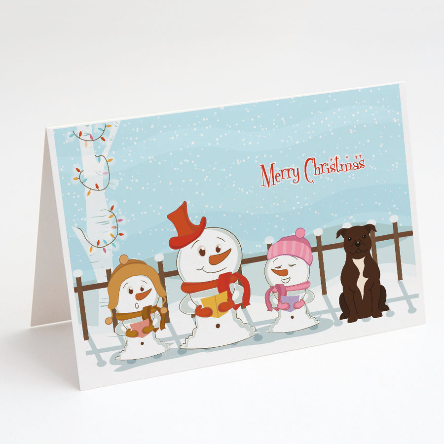 Merry Christmas Carolers Staffordshire Bull Terrier Chocolate Greeting Cards and Envelopes Pack of 8 Image 1