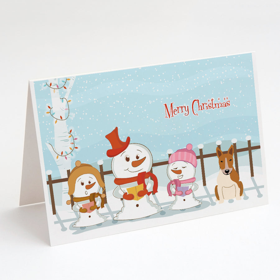 Merry Christmas Carolers Bull Terrier Red White Greeting Cards and Envelopes Pack of 8 Image 1