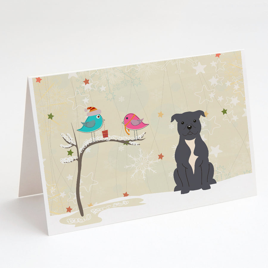 Christmas Presents between Friends Bull Terrier - Blue Greeting Cards and Envelopes Pack of 8 Image 1