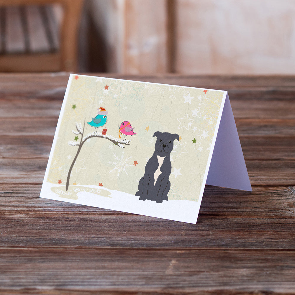 Christmas Presents between Friends Bull Terrier - Blue Greeting Cards and Envelopes Pack of 8 Image 2