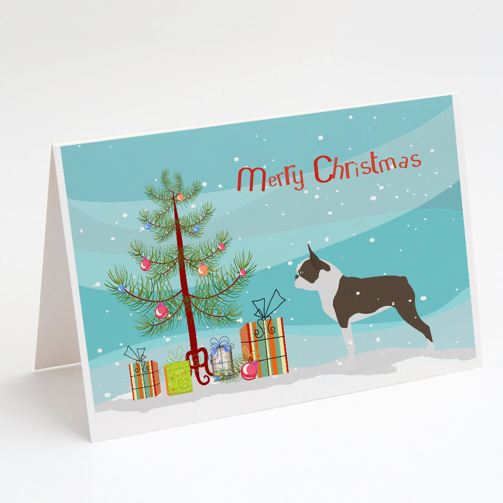 Boston Terrier Merry Christmas Tree Greeting Cards and Envelopes Pack of 8 Image 1