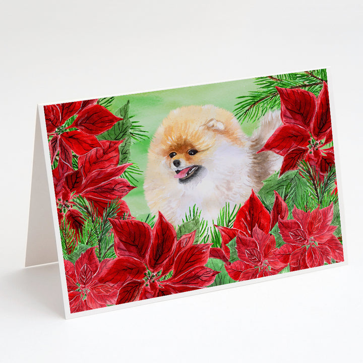 Pomeranian Poinsettas Greeting Cards and Envelopes Pack of 8 Image 1