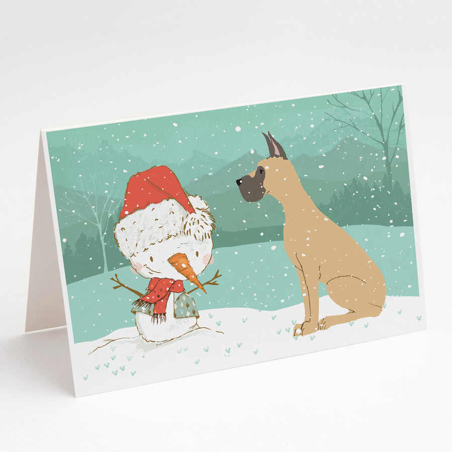 Cropped Fawn Great Dane Snowman Christmas Greeting Cards and Envelopes Pack of 8 Image 1