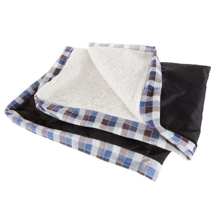 PETMAKER Medium Dog Bed Replacement Cover Sherpa Top Non-Slip Brown Blue Plaid Image 1