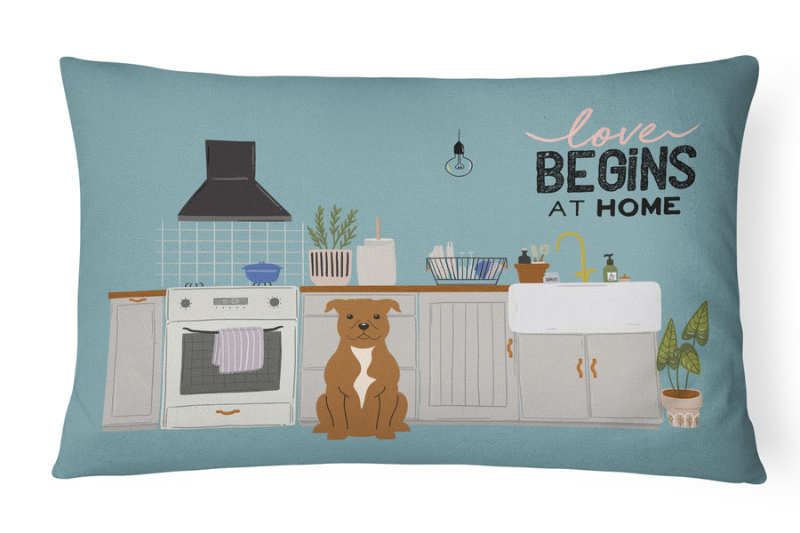 Brown Staffordshire Bull Terrier Kitchen Scene Canvas Fabric Decorative Pillow Image 1