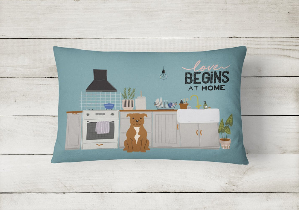 Brown Staffordshire Bull Terrier Kitchen Scene Canvas Fabric Decorative Pillow Image 2