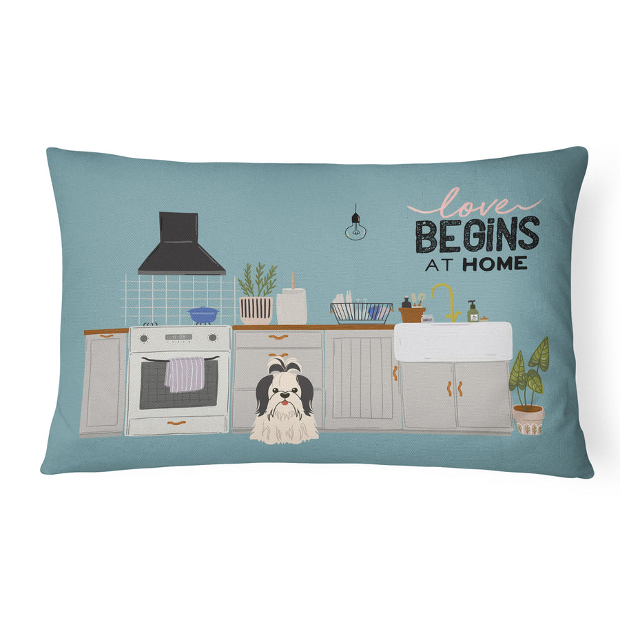 Black White Shih Tzu Kitchen Scene Canvas Fabric Decorative Pillow Image 1