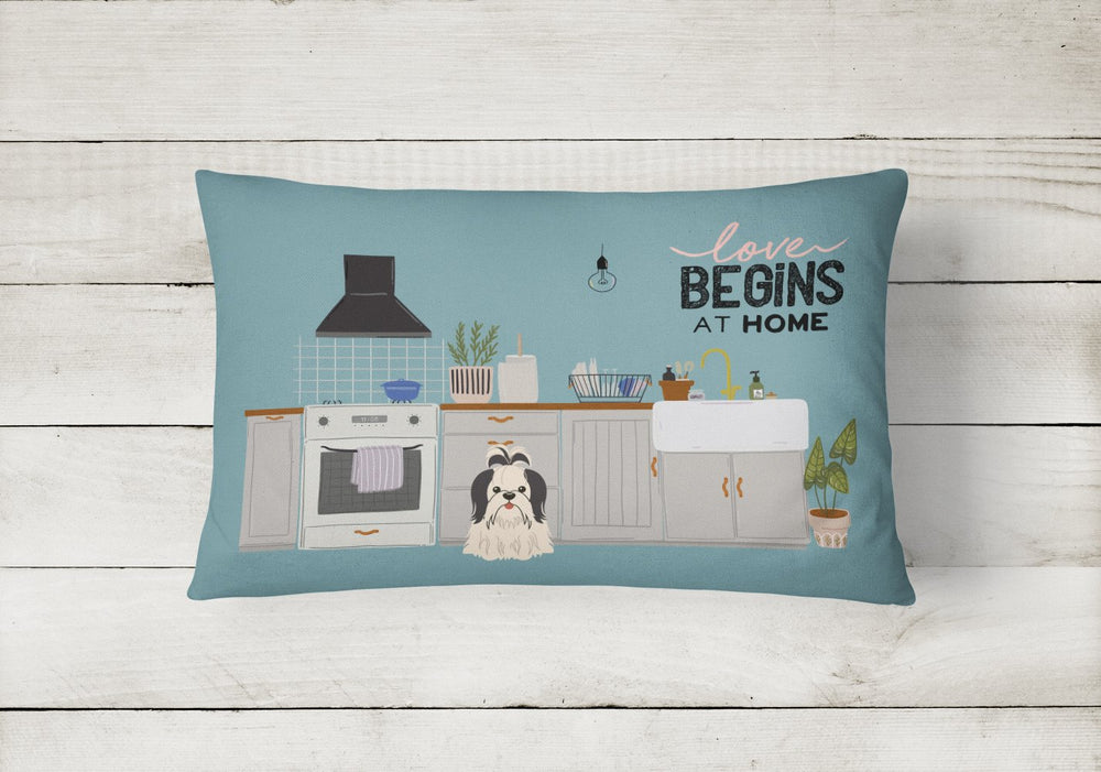 Black White Shih Tzu Kitchen Scene Canvas Fabric Decorative Pillow Image 2