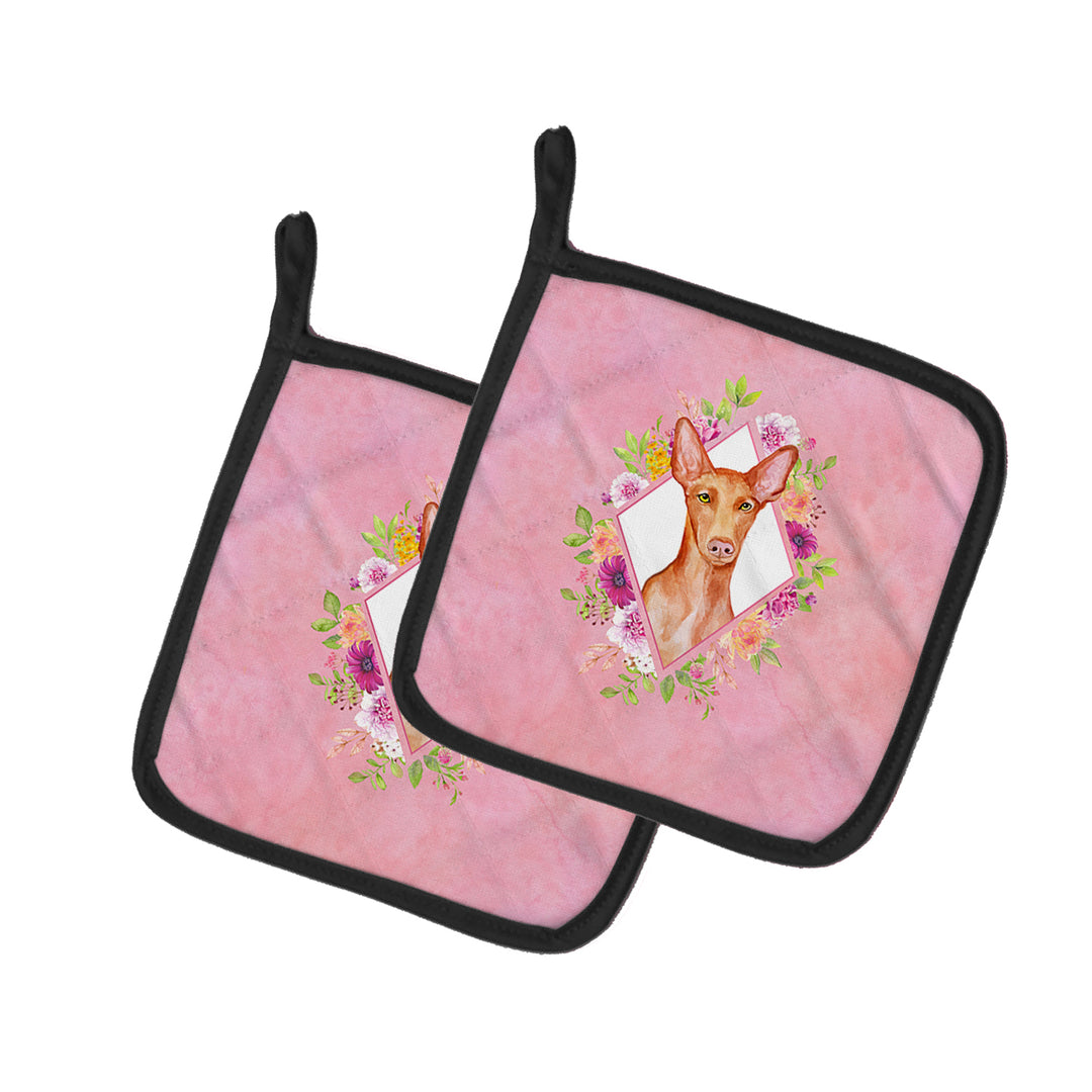 Pharaoh Hound Pink Flowers Pair of Pot Holders Image 1