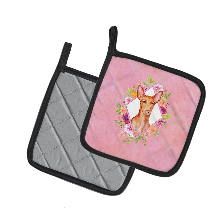 Pharaoh Hound Pink Flowers Pair of Pot Holders Image 2