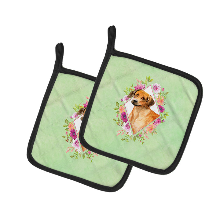 Rhodesian Ridgeback Green Flowers Pair of Pot Holders Image 1