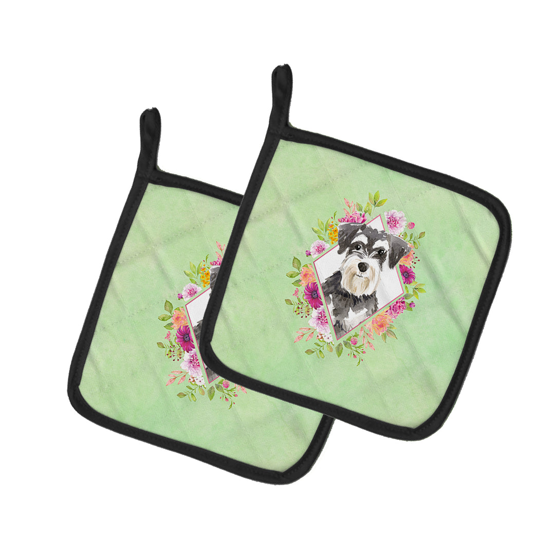 Schnauzer Style 2 Green Flowers Pair of Pot Holders Image 1