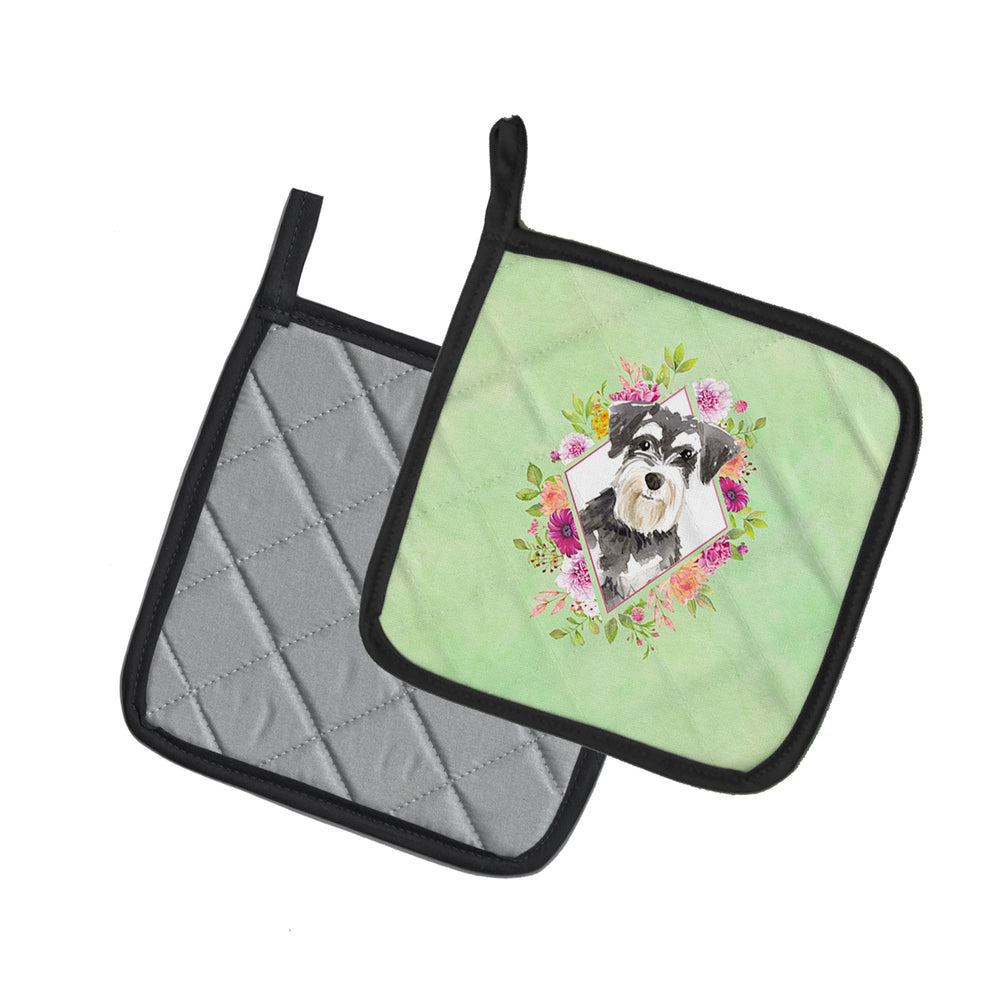 Schnauzer Style 2 Green Flowers Pair of Pot Holders Image 2