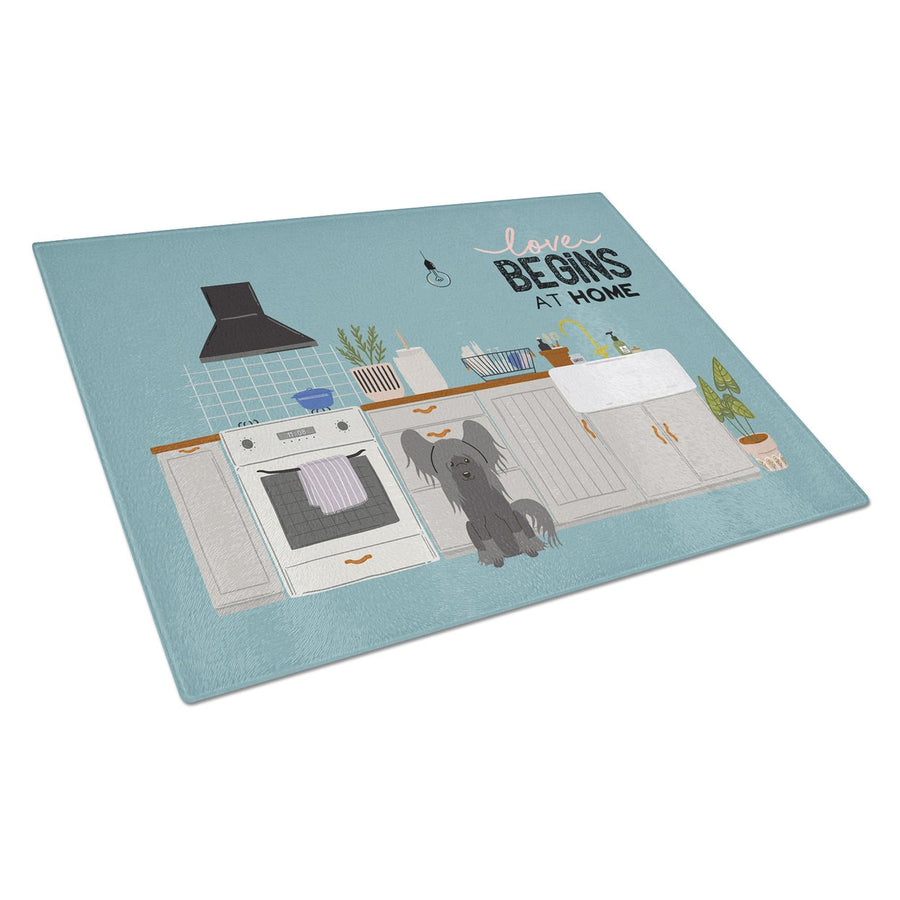 Black Chinese Crested Kitchen Scene Glass Cutting Board Large Image 1