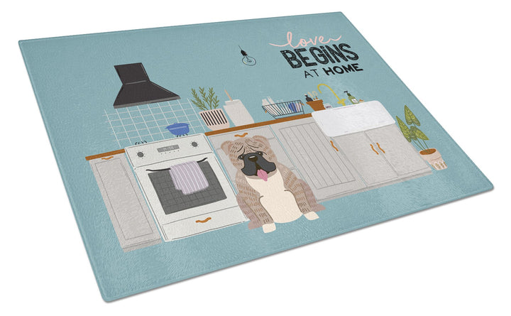 Grey Brindle English Bulldog Kitchen Scene Glass Cutting Board Large Image 1