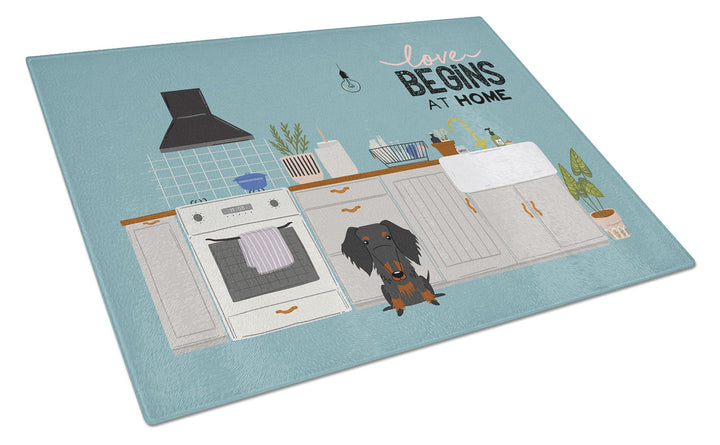 Black Tan Wire Haired Dachshund Kitchen Scene Glass Cutting Board Large Image 1