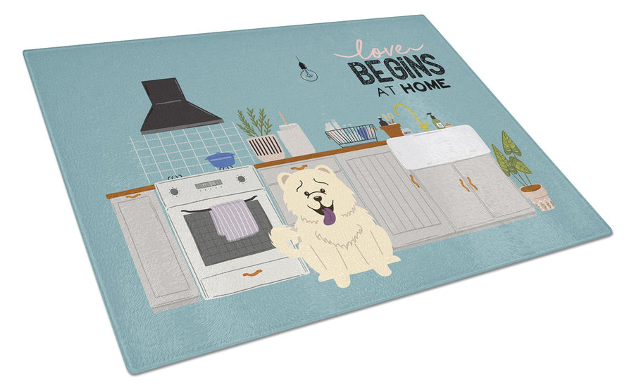 White Chow Chow Kitchen Scene Glass Cutting Board Large Image 1