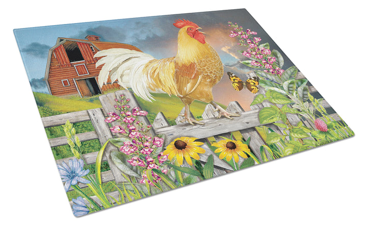 Yellow Rooster Greeting the Day Glass Cutting Board Large Image 1