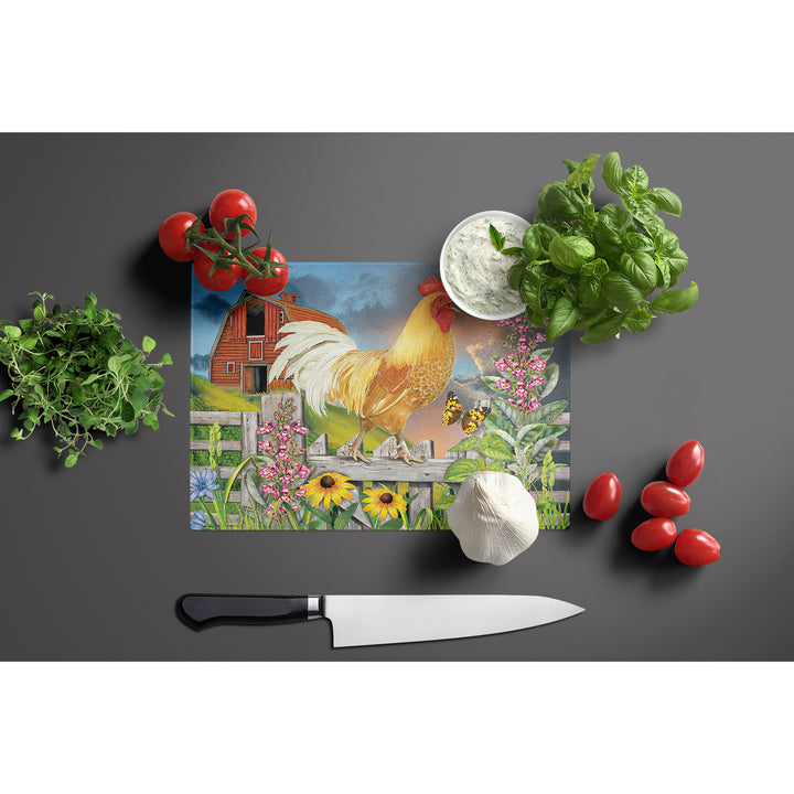 Yellow Rooster Greeting the Day Glass Cutting Board Large Image 3