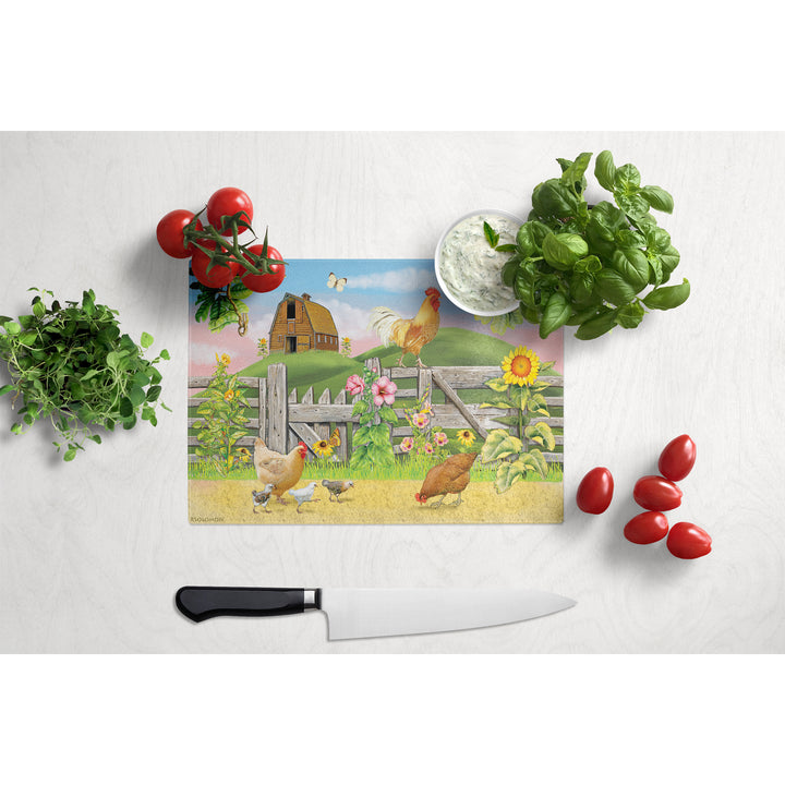 Rooster On Fence Glass Cutting Board Large Image 3