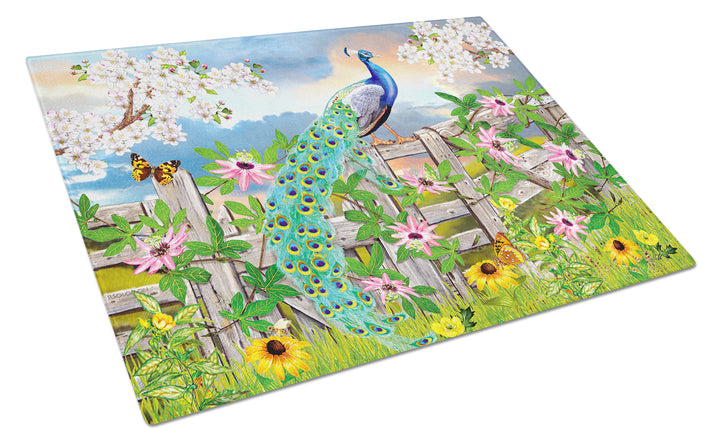 Peacock on Garden Fence Glass Cutting Board Large Image 1