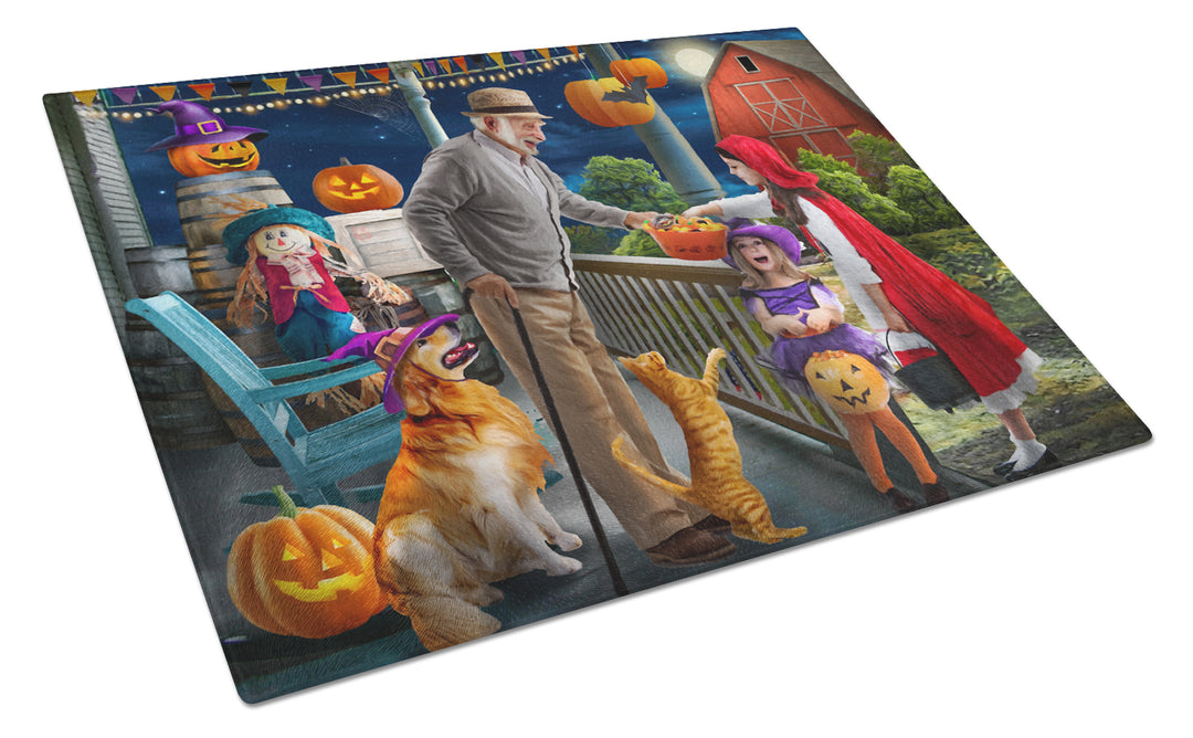 Halloween at Grandpas Golden Retriever Glass Cutting Board Large Image 1