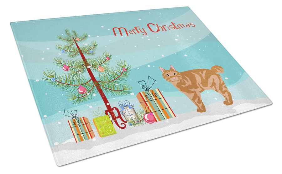 Kurilian Bobtail Cat Merry Christmas Glass Cutting Board Large Image 1