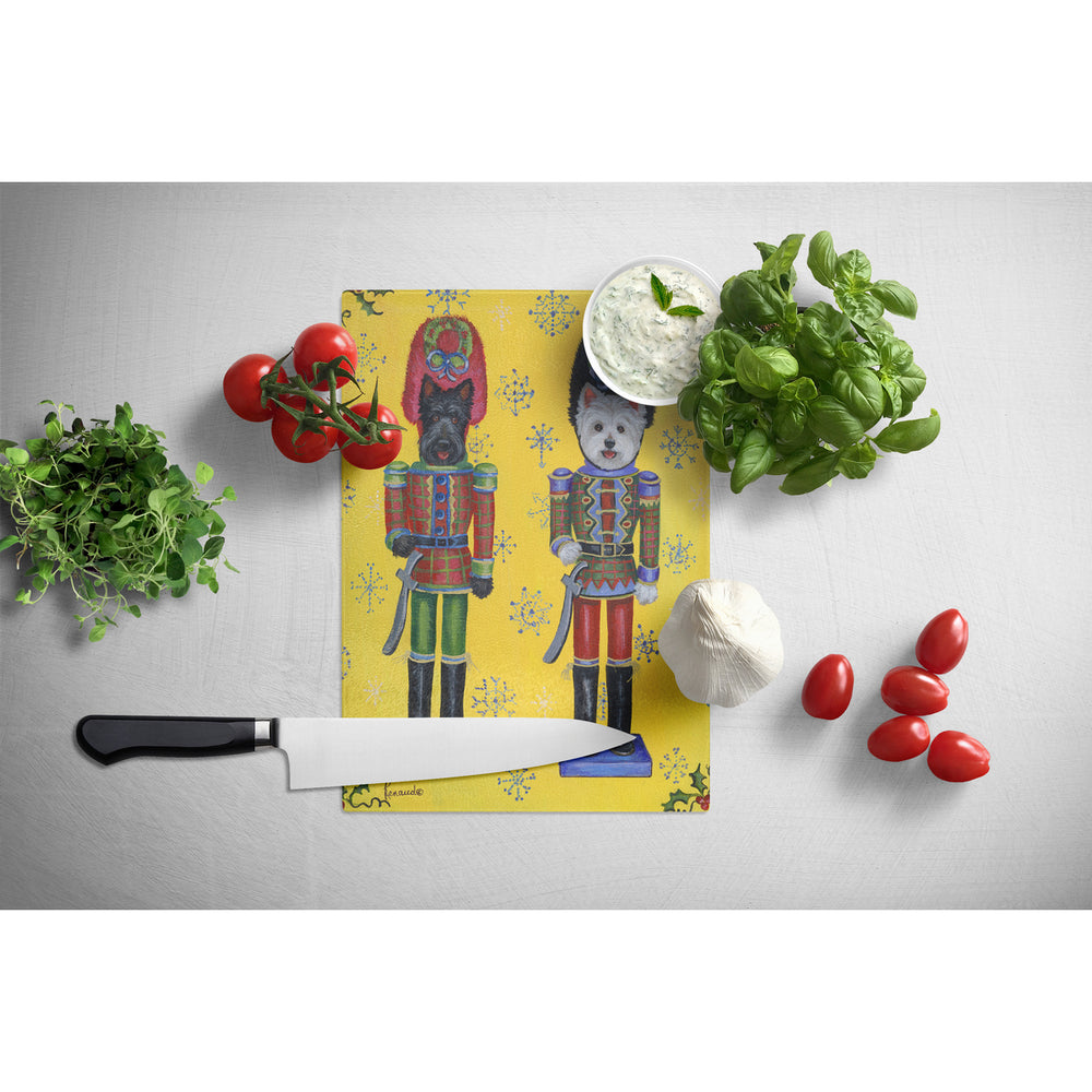 Scottie and Westie Christmas Nutcrackers Glass Cutting Board Large Image 2