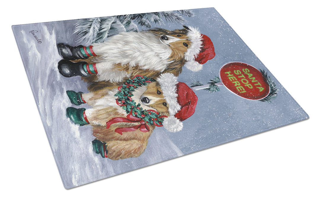 Sheltie Christmas Santa Stop Glass Cutting Board Large Image 1