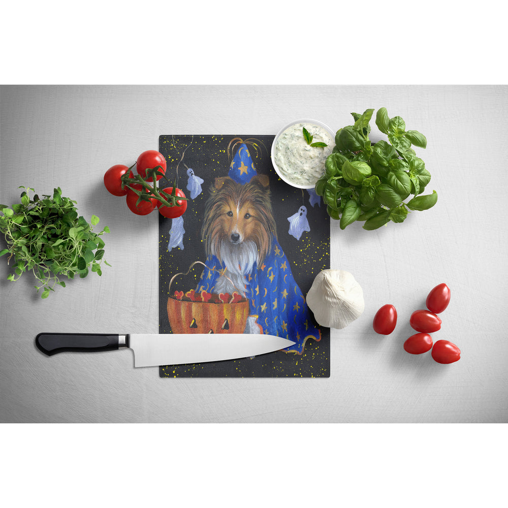 Sheltie Halloween Witch Glass Cutting Board Large Image 2