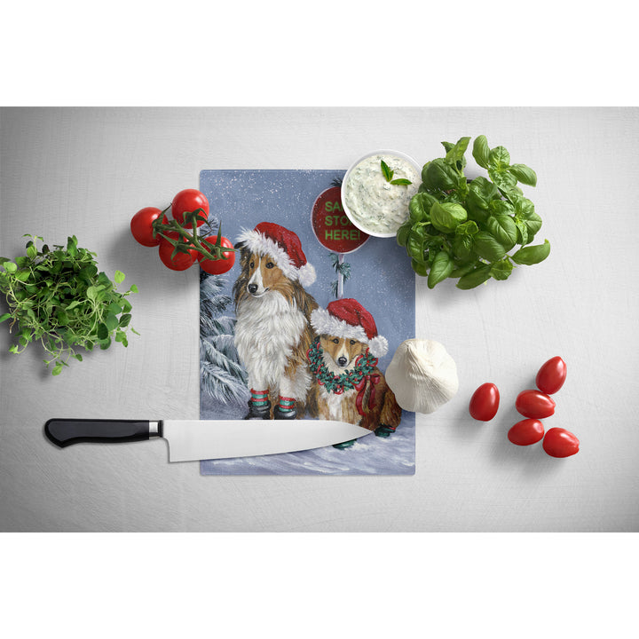 Sheltie Christmas Santa Stop Glass Cutting Board Large Image 2